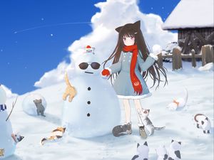 Preview wallpaper girl, snowman, cats, snow, winter, anime