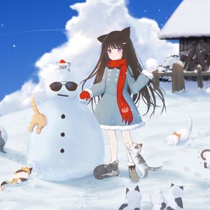 Preview wallpaper girl, snowman, cats, snow, winter, anime