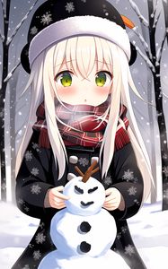 Preview wallpaper girl, snowman, snow, winter, anime