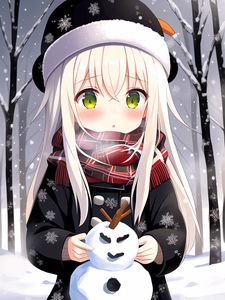 Preview wallpaper girl, snowman, snow, winter, anime