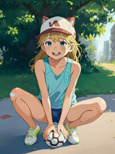 Preview wallpaper girl, soccer ball, cap, neko, anime