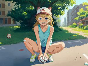 Preview wallpaper girl, soccer ball, cap, neko, anime