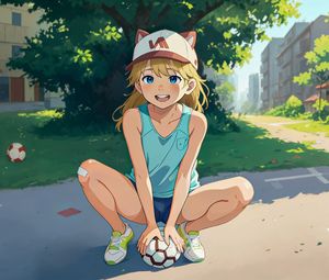 Preview wallpaper girl, soccer ball, cap, neko, anime