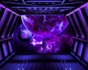 Preview wallpaper girl, spaceship, planet, space, fiction