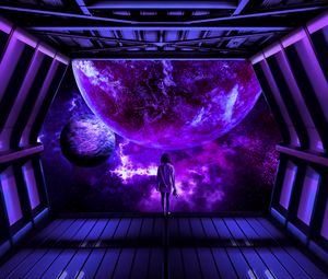 Preview wallpaper girl, spaceship, planet, space, fiction