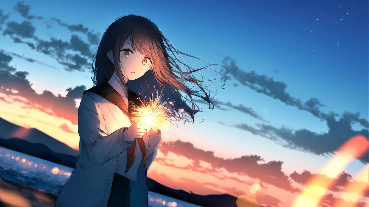 Wallpaper girl, sparkler, glow, evening, anime