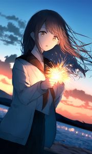 Preview wallpaper girl, sparkler, glow, evening, anime