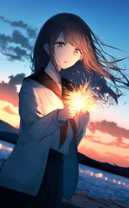 Preview wallpaper girl, sparkler, glow, evening, anime