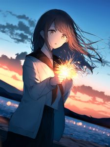 Preview wallpaper girl, sparkler, glow, evening, anime