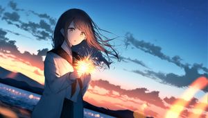 Preview wallpaper girl, sparkler, glow, evening, anime