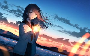 Preview wallpaper girl, sparkler, glow, evening, anime
