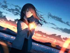 Preview wallpaper girl, sparkler, glow, evening, anime