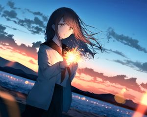 Preview wallpaper girl, sparkler, glow, evening, anime