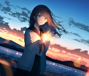 Preview wallpaper girl, sparkler, glow, evening, anime