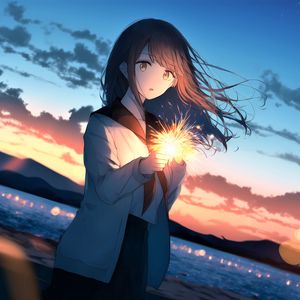 Preview wallpaper girl, sparkler, glow, evening, anime