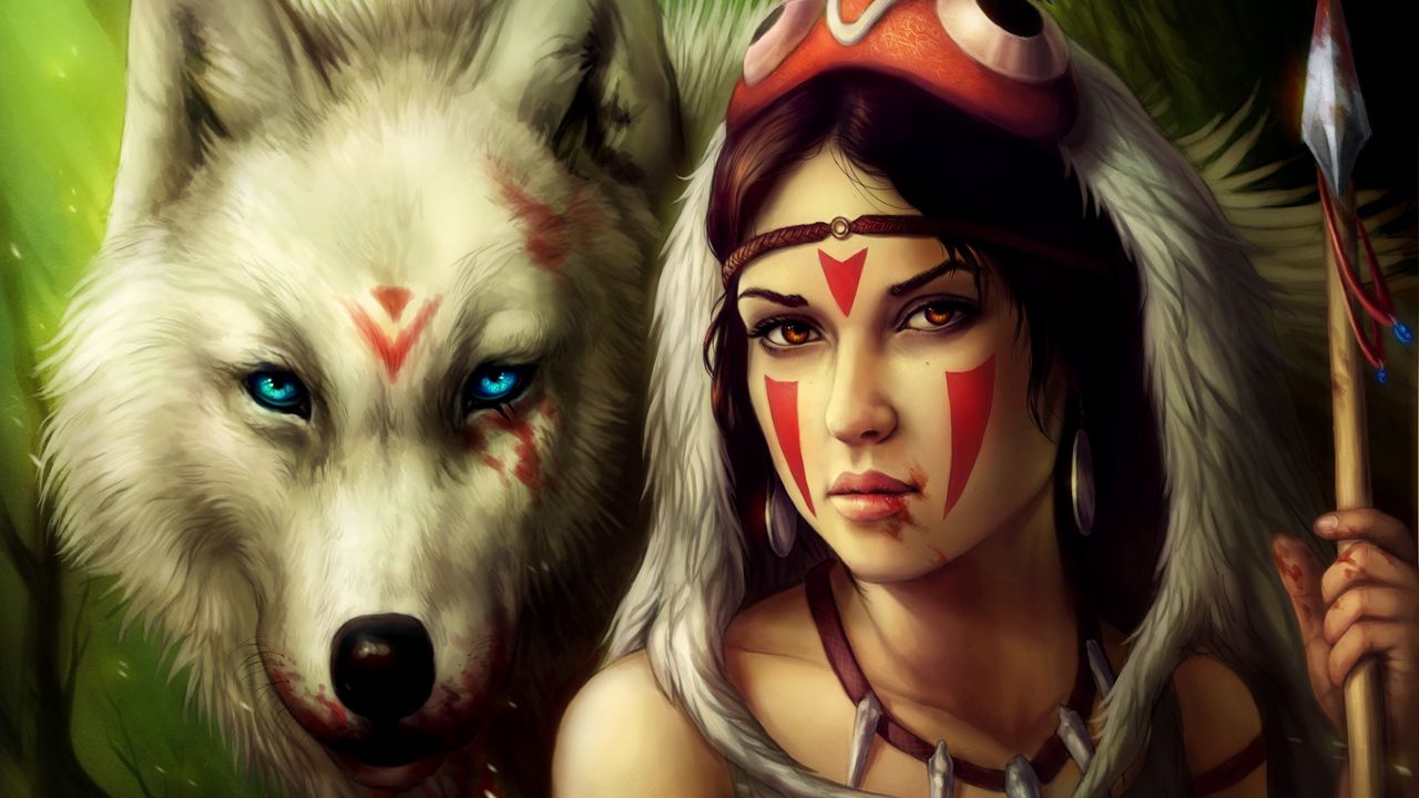 Wallpaper girl, spear, warrior, wolf