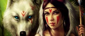 Preview wallpaper girl, spear, warrior, wolf