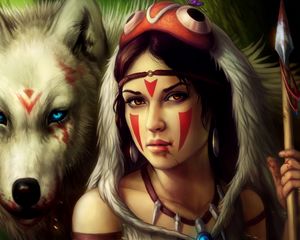 Preview wallpaper girl, spear, warrior, wolf