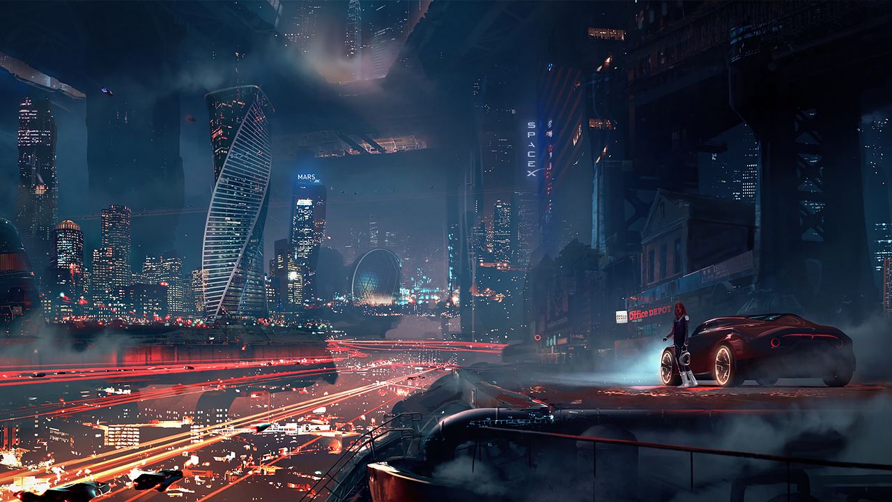 Wallpaper girl, sportscar, smoke, buildings