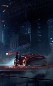 Preview wallpaper girl, sportscar, smoke, buildings
