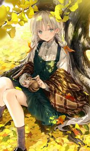 Preview wallpaper girl, squirrel, tree, leaves, branches, anime, art