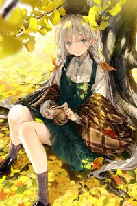 Preview wallpaper girl, squirrel, tree, leaves, branches, anime, art