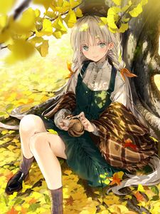 Preview wallpaper girl, squirrel, tree, leaves, branches, anime, art