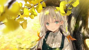 Preview wallpaper girl, squirrel, tree, leaves, branches, anime, art