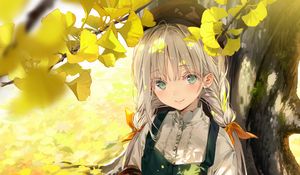 Preview wallpaper girl, squirrel, tree, leaves, branches, anime, art