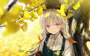 Preview wallpaper girl, squirrel, tree, leaves, branches, anime, art
