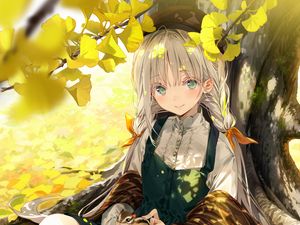 Preview wallpaper girl, squirrel, tree, leaves, branches, anime, art