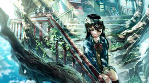 Preview wallpaper girl, stairs, alone, anime
