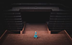 Preview wallpaper girl, stairs, building, architecture, aerial view