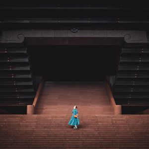 Preview wallpaper girl, stairs, building, architecture, aerial view