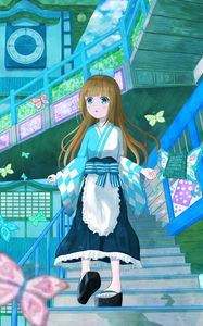 Preview wallpaper girl, stairs, butterflies, anime, art