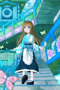 Preview wallpaper girl, stairs, butterflies, anime, art