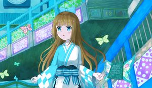 Preview wallpaper girl, stairs, butterflies, anime, art