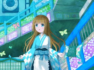 Preview wallpaper girl, stairs, butterflies, anime, art