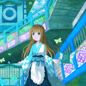 Preview wallpaper girl, stairs, butterflies, anime, art
