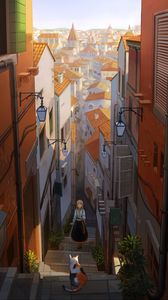 Preview wallpaper girl, stairs, cat, buildings, anime, art