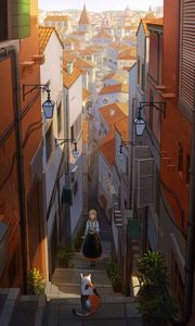 Preview wallpaper girl, stairs, cat, buildings, anime, art