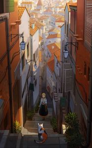 Preview wallpaper girl, stairs, cat, buildings, anime, art