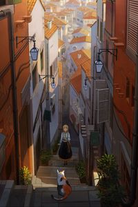 Preview wallpaper girl, stairs, cat, buildings, anime, art