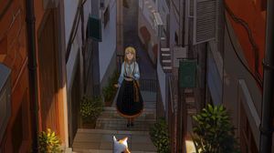 Preview wallpaper girl, stairs, cat, buildings, anime, art