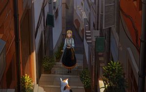 Preview wallpaper girl, stairs, cat, buildings, anime, art