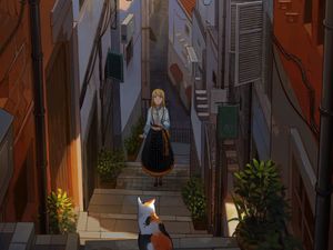 Preview wallpaper girl, stairs, cat, buildings, anime, art