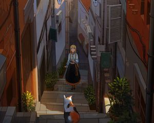Preview wallpaper girl, stairs, cat, buildings, anime, art