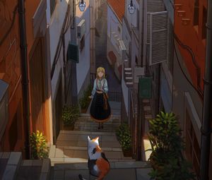 Preview wallpaper girl, stairs, cat, buildings, anime, art