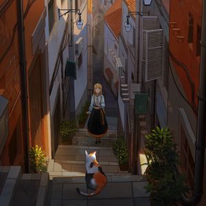 Preview wallpaper girl, stairs, cat, buildings, anime, art