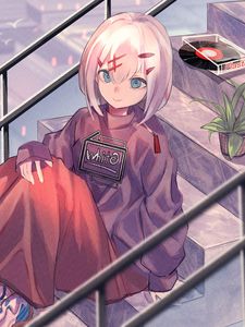 Preview wallpaper girl, stairs, flower, plant, anime, art, cartoon